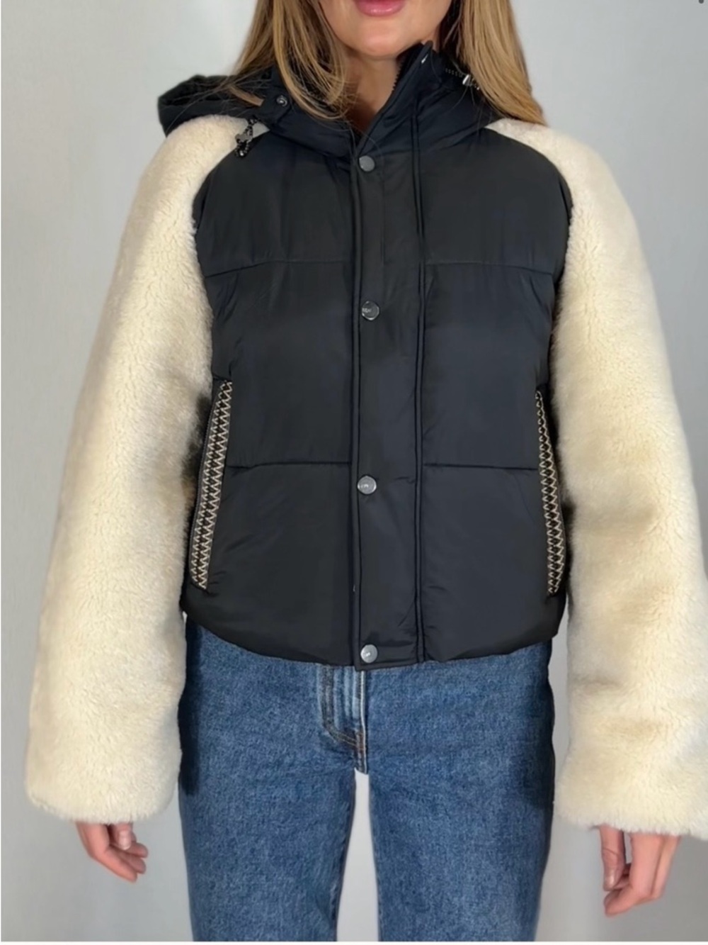 UGG Black Puffer Jacket with Cream Faux-Shearling Sleeves